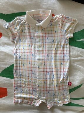 Magnetic Me White Polo Romper with Pastel Plaid Easter Motif NWOT